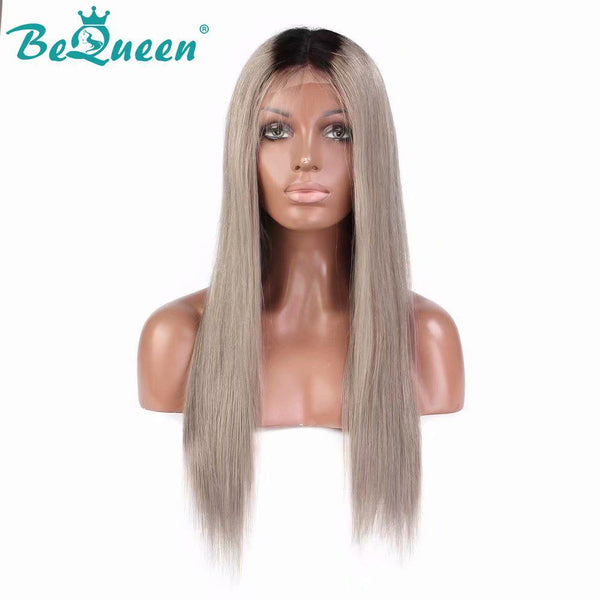 BeQueen Perruque Cheveux Lisses à Dentelle Frontale de Couleur personnalisée Gris #1BT et Noir #1B