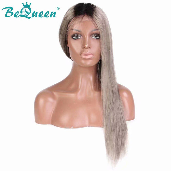BeQueen Perruque Cheveux Lisses à Dentelle Frontale de Couleur personnalisée Gris #1BT et Noir #1B