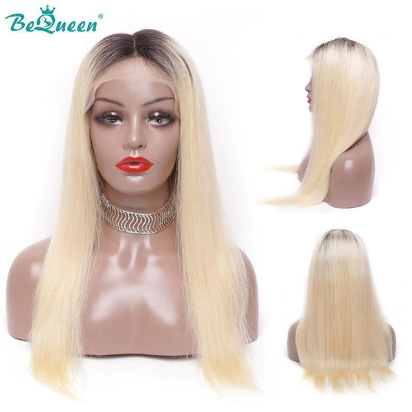 BeQueen Perruque Cheveux Raides à Dentelle de Couleur personnalisée Blonde #613 à Racine  Noir #1B