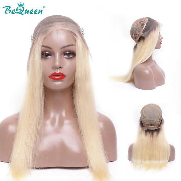 BeQueen Perruque Cheveux Raides à Dentelle de Couleur personnalisée Blonde #613 à Racine  Noir #1B