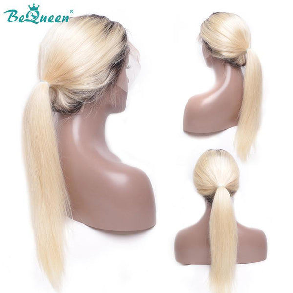 BeQueen Perruque Cheveux Raides à Dentelle de Couleur personnalisée Blonde #613 à Racine  Noir #1B