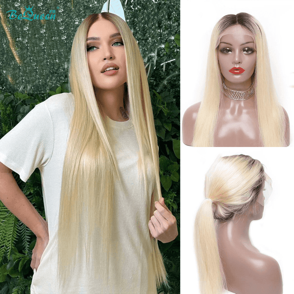 BeQueen Perruque Cheveux Raides à Dentelle de Couleur personnalisée Blonde #613 à Racine  Noir #1B