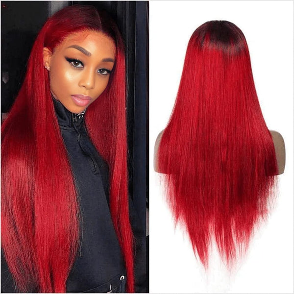 BeQueen Perücke mit glattem Haar, Rot und Schwarz, individuelle Farbe, Spitze vorne 
