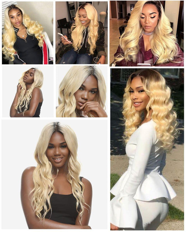 BeQueen „Erica“ ​​Body Wave Perücke in Blond mit schwarzem Ansatz #1B 613 