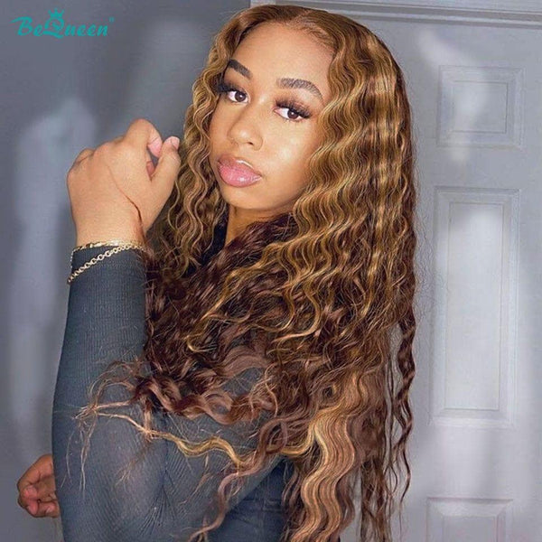 Bequeen Amazing Price Long T Part Deep Wave Highlight ombré Wig Brown mix Honey