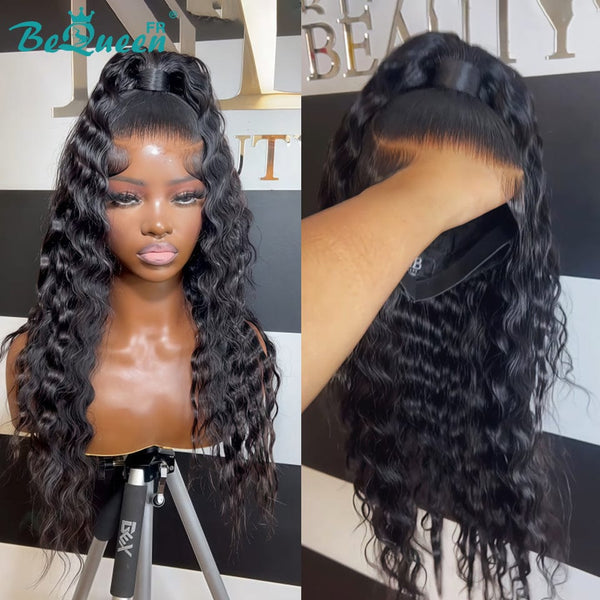 BeQueen "Alice" Perruque noir Bob deep wave 26 pouces avec chigon lace frontale 13*4 déjà customisée sans colle