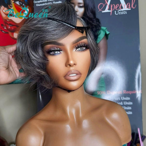 BeQueen "Arwen" Pixie Wig Color Gray Salt & Pepper with Lace Closure 