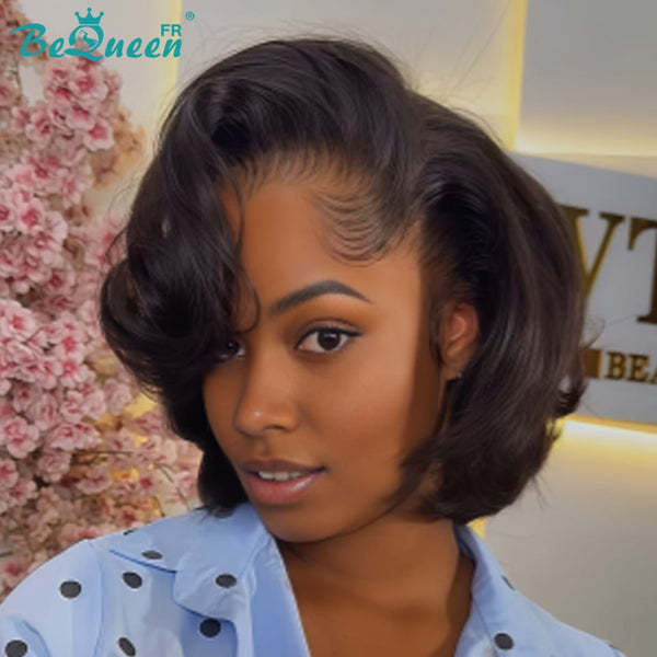 BeQueen "Chris" Glatte Bob-Perücke 8 Zoll schwarz, Seitenscheitel, Front-Lace ohne Kleber, Stil 3, halber Preis