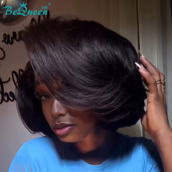 BeQueen "Sonia" Peruca Bob Lisa preto e castanho fecho em renda sem cola duas opções de comprimento Metade do preço