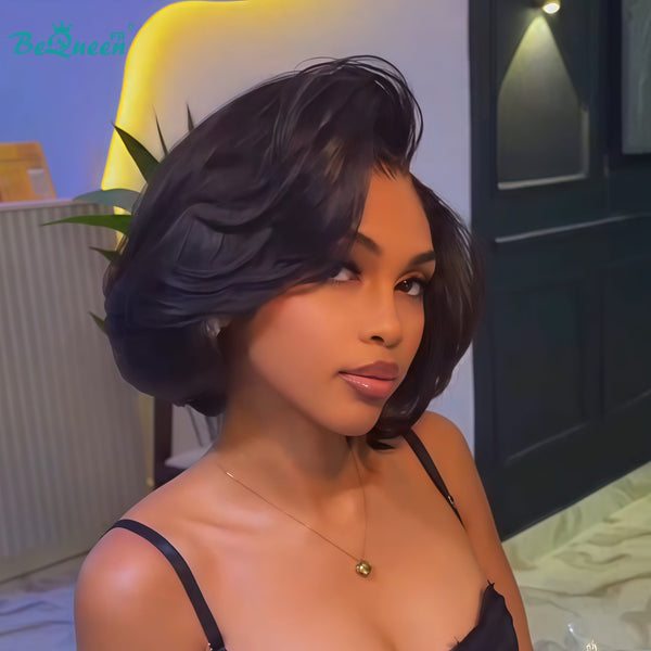 BeQueen "Chris" Perruque Bob Lisse 8 pouces noir Raie du côté lace frontale sans colle style 3 Moitié prix
