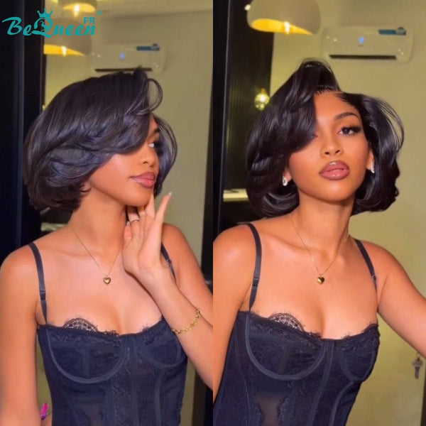BeQueen "Chris" Perruque Bob Lisse 8 pouces noir Raie du côté lace frontale sans colle style 3 Moitié prix