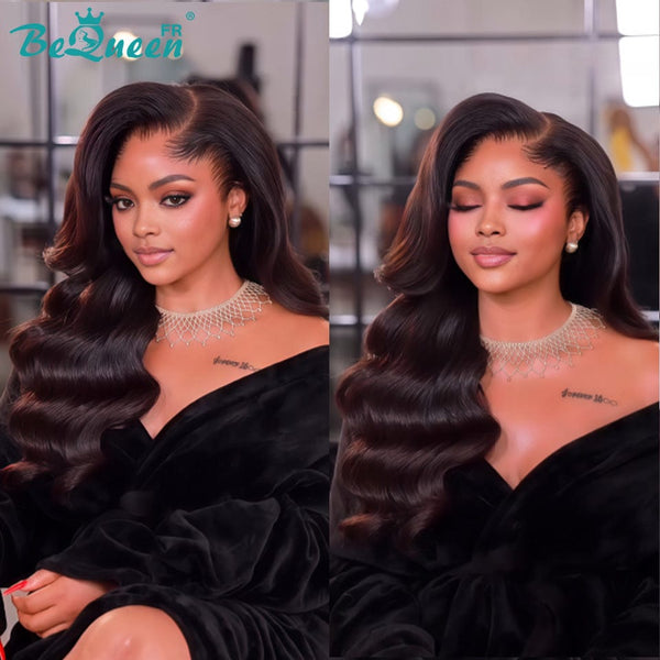 BeQueen "Dania" Perruque Longue body wave noir avec Lace frontale sans colle Moitié prix
