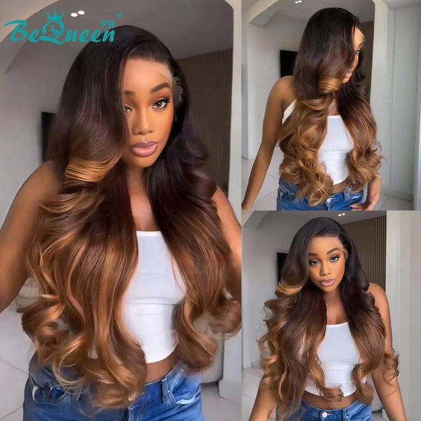 BeQueen "Dania" Wig Long Body Wave Black and Brown and Honey with Lace Front 28 Inches