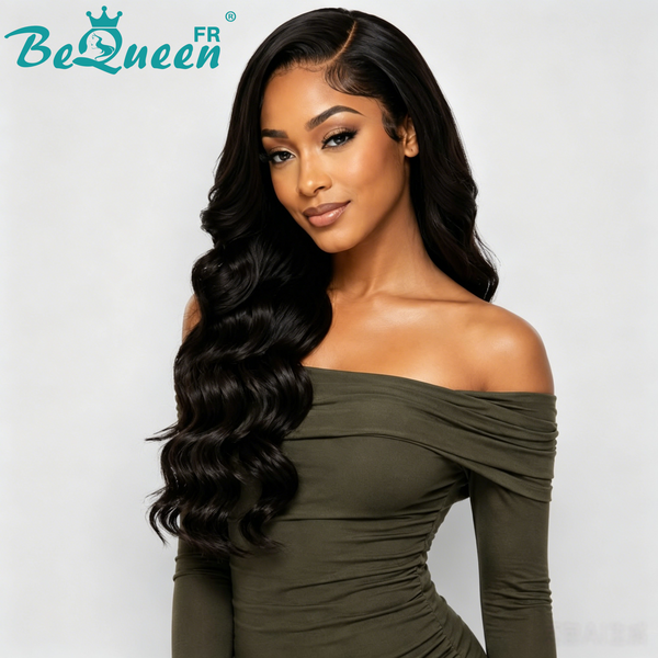 BeQueen "Dania" Perruque Longue body wave noir sans colle style4 100% raw hair bonne qualité peut durer 20 ans