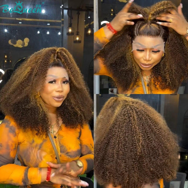 BeQueen "Eva" Customized Long Curly Wave Brown Mixed Honey Color Ready-to-Wear Hairpiece Without Adhesive 13X4 with Braid