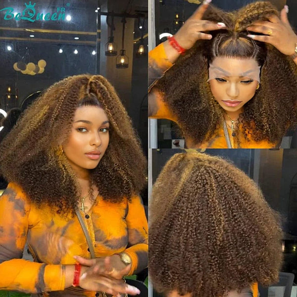 BeQueen "Eva" Perruque Customisée Longue Curly Wave couleur Marron mix miel Prêt à porter Sans Colle 13X4 avec Tresse