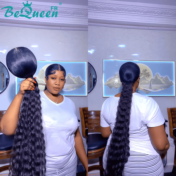 BeQueen “Florance" Perruque curly Avec queue de cheval avec Lace Frontale 30 Pouces Sans Colle Moitié prix