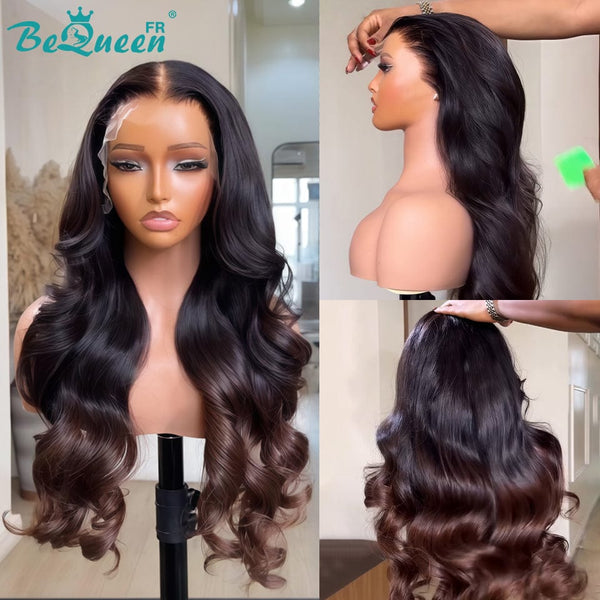BeQueen "Hilary" Peluca larga con ondas cuerpo Color Negro y Marrón con encaje frontal 24 Pulgadas Mitad de precio
