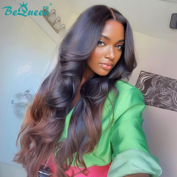 BeQueen "Hilary" Long Body Wave Wig Black and Brown with Lace Front 24 Inches No Glue Half Price