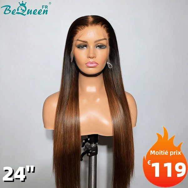 BeQueen "Hilary" Perruque Longue Lisse Couleur Noir et Marron avec Lace Frontale 24 Pouces Moitié prix