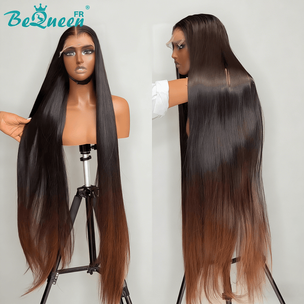 BeQueen "Hilary" Peruca longa lisa Meio preto e castanho com Lace closure 4*4 30 Polegadas Meio preço