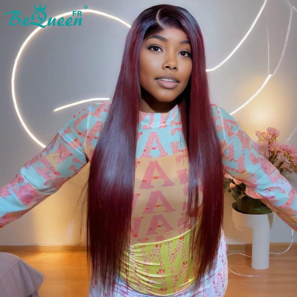 BeQueen "Hilary" Perruque longue lisse noir et rouge bordeaux avec Lace frontale 24 Pouces sans colle Moitié prix
