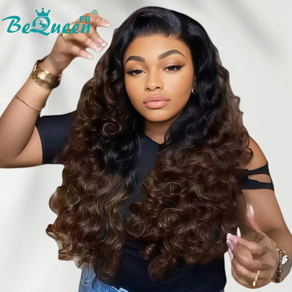 BeQueen "Hilary" Long Body Wave Wig Black and Brown with Lace Front 24 Inches No Glue Half Price