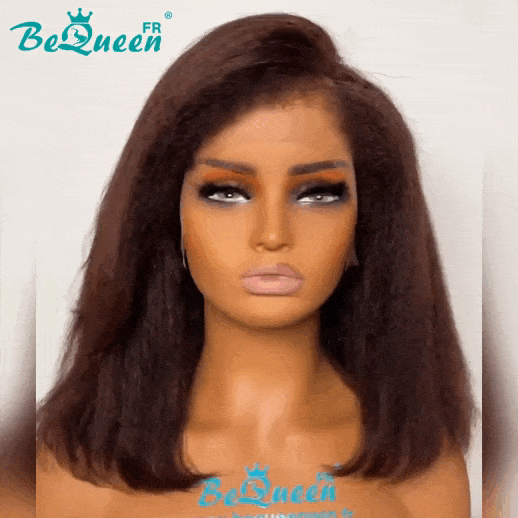 BeQueen „Klaus“ Bob-Perücke, braune Farbe, lockige Kanten, verworrene Gerade mit 13 x 4 Spitzenfront 