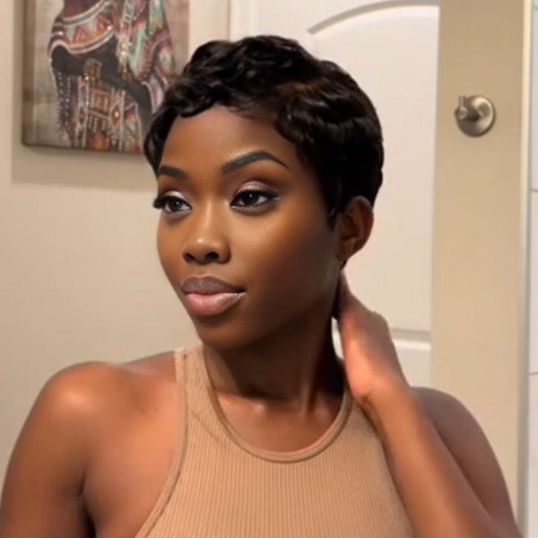 BeQueen "Pella" Perruque Pixie bouclée couleur Noir avec Lace frontale Moitié prix