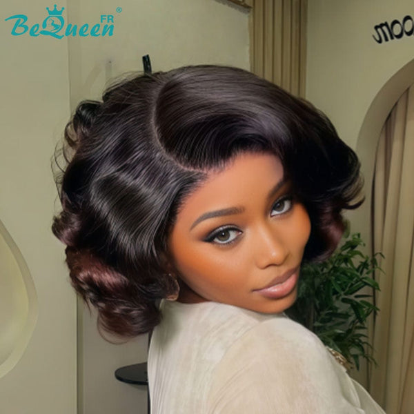 BeQueen "Polysia" Peruca Bob com movimento com Lace closure cor raiz preto e castanho sem cola