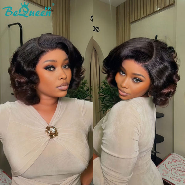 BeQueen "Polysia" Peruca Bob com movimento com Lace closure cor raiz preto e castanho sem cola