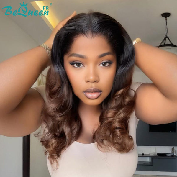 BeQueen "Polysia" Perruque Bob bouncy avec Lace frontale couleur noir et marron sans colle