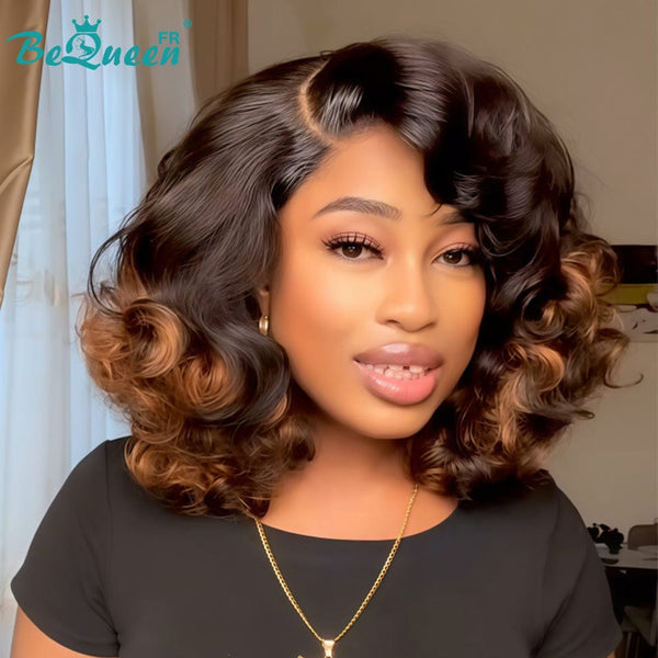 BeQueen "Polysia" Black and Brown Bouncy Bob Wig with Full Volume Lace Front
