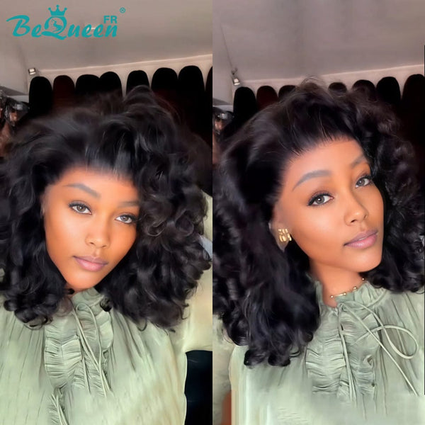 BeQueen "Polysia" Perruque noir Bob bouncy avec Lace frontale style 22