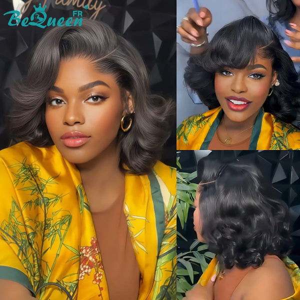 BeQueen "Polysia" Perruque noir Bob bouncy cruly avec Lace frontale style 3