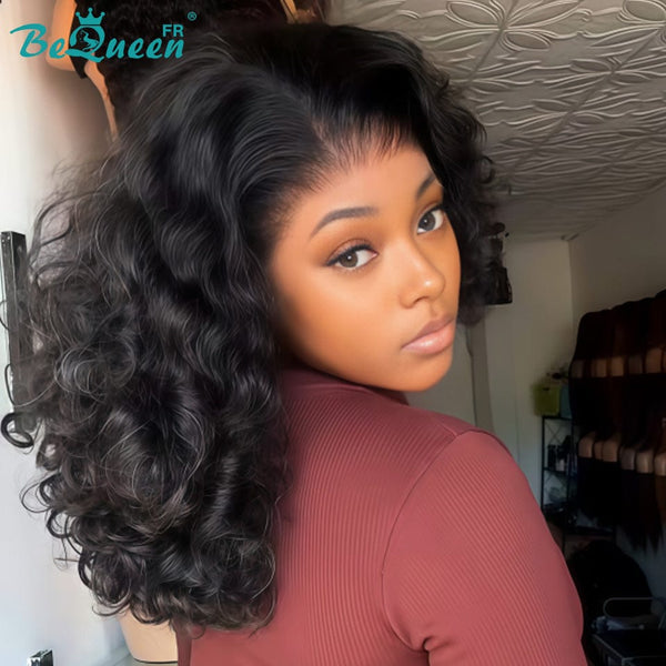 BeQueen "Polysia" Perruque noir Bob bouncy curly avec Lace frontale style 24
