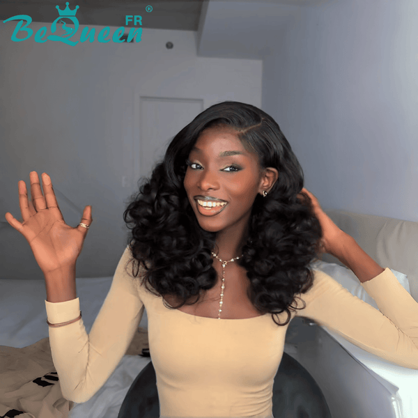 BeQueen "Polysia" Perruque noir Bob bouncy curly sans colle style 9