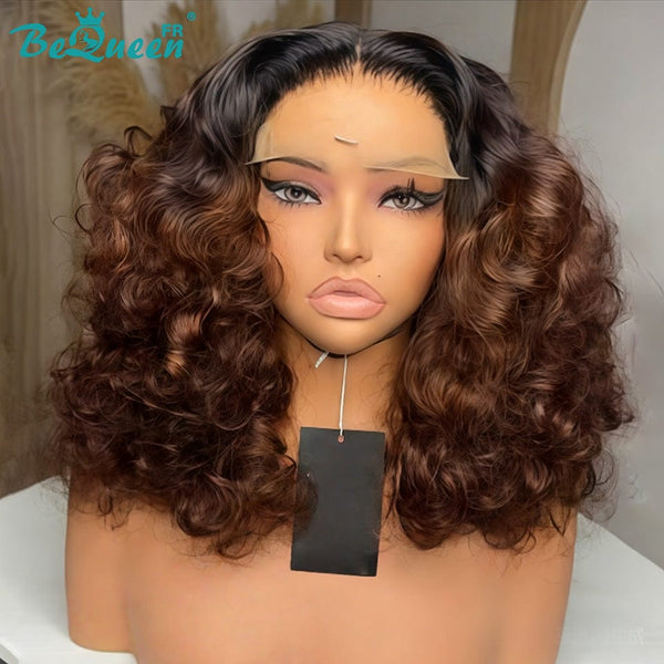 BeQueen "Polysia" schwarze und braune Bob-Perücke mit federnden Locken und Lace Front