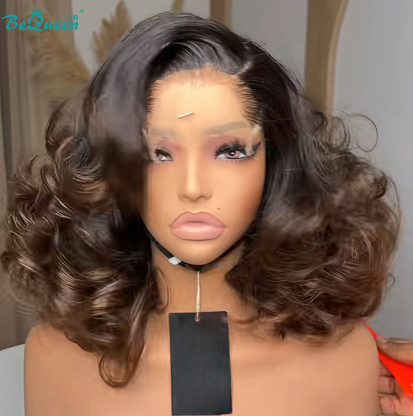 BeQueen "Polysia" Perruque noir et marron Bob bouncy curly avec Lace frontale style 3