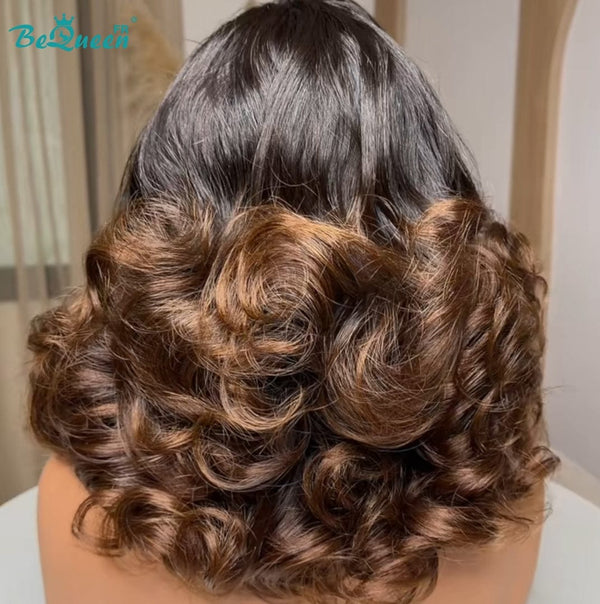 BeQueen "Polysia" Perruque noir et marron Bob bouncy curly avec Lace frontale style 3