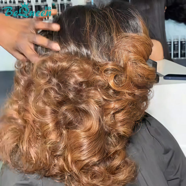 BeQueen "Polysia" Perruque noir et miel Bob bouncy curly lace frontale