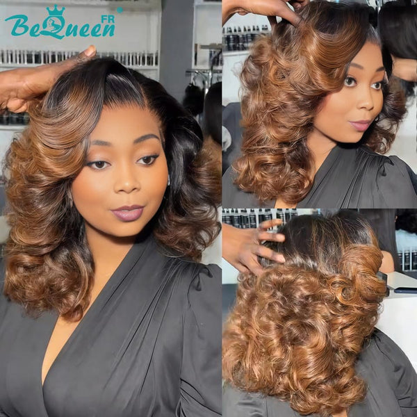 BeQueen "Polysia" Perruque noir et miel Bob bouncy curly lace frontale