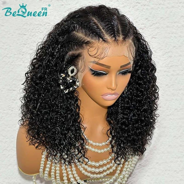 BeQueen "René" Perruque bob Customisée Longue Curly Wave couleur Noir Prêt à porter Sans Colle 13X4 avec Tresse
