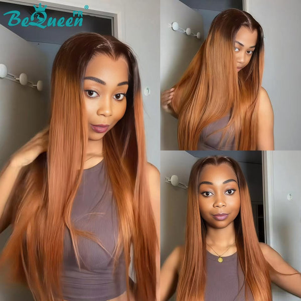 BeQueen "Mina" lange glatte Perücke in Schwarz und Braun mit Spitzenfrontal 24 Zoll halbpreisig 