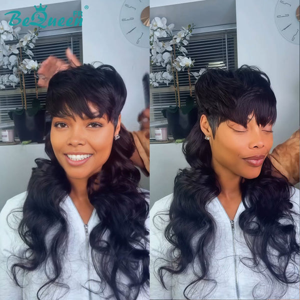 BeQueen "Solène" Perruque Longue 22 pouces Body wave noir à la machine Moitié prix