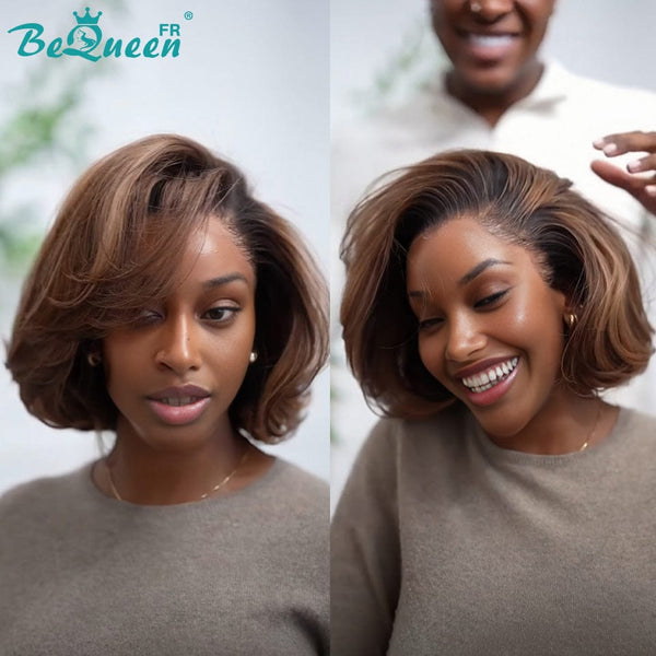 BeQueen "Sonia" Perruque Bob Lisse avec Lace frontale 10 Pouces Noir et Marron mix Miel Sans colle Moitié prix