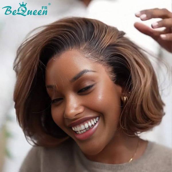 BeQueen "Sonia" Perruque Bob Lisse avec Lace frontale 10 Pouces Noir et Marron mix Miel Sans colle Moitié prix