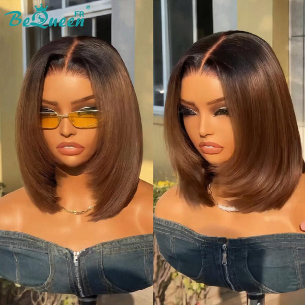 BeQueen "Sonia" Perruque Bob Lisse noir et marron lace closure sans colle deux longueurs Moitié prix
