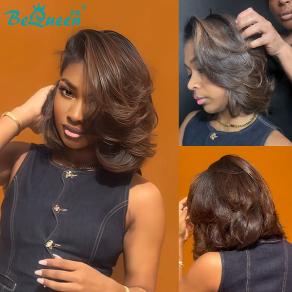 BeQueen "Sonia" Perruque Bob Noir et Marron Lisse 10 pouces sans colle