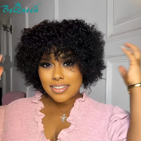 BeQueen "Uskin" Perruque Pixie bouclée couleur Noir Sans colle Moitié prix